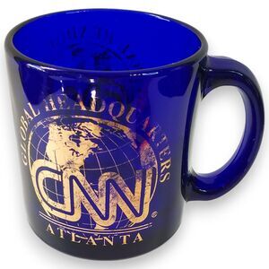VTG 80s CNN News Mug Cobalt Blue Glass Gold Logo Atlanta HQ Made in USA